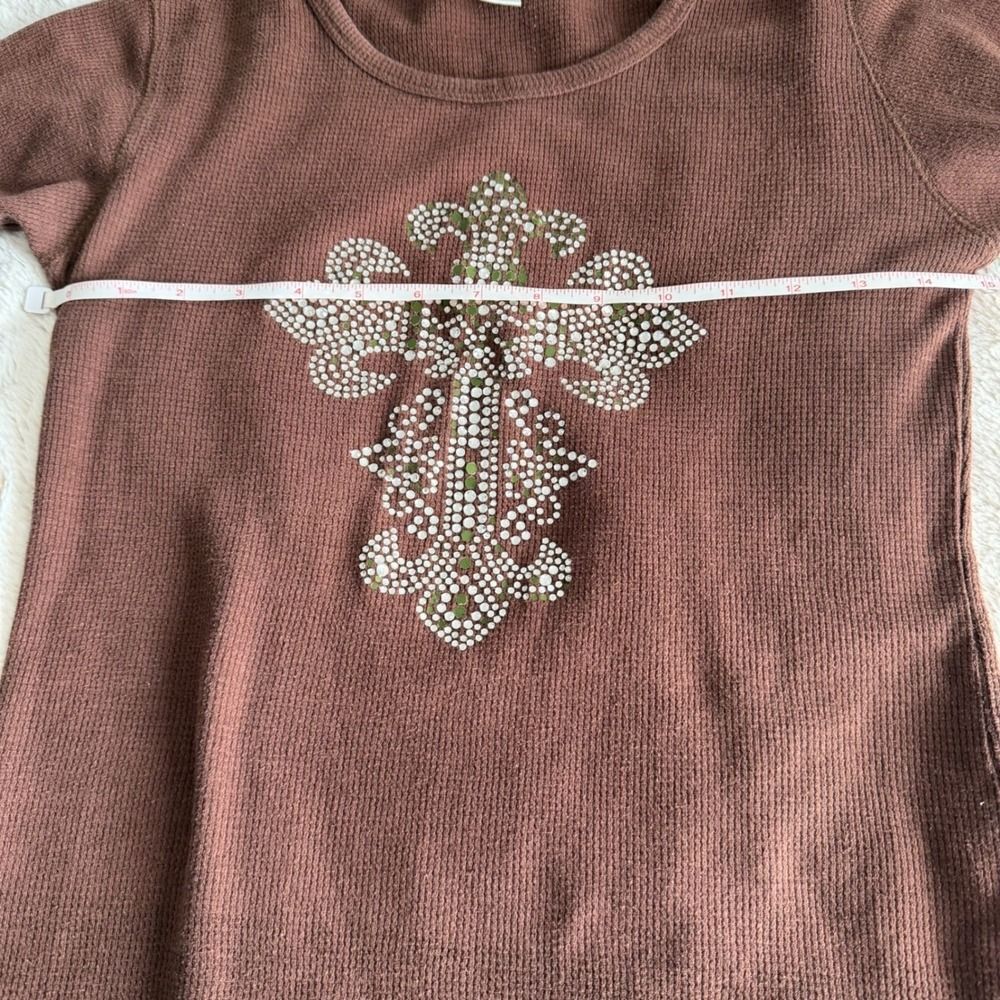Vintage Waffle Knit Rhinestone Cross Long Sleeve Thermal Top Size Medium y2k - Picture 4 of 6
